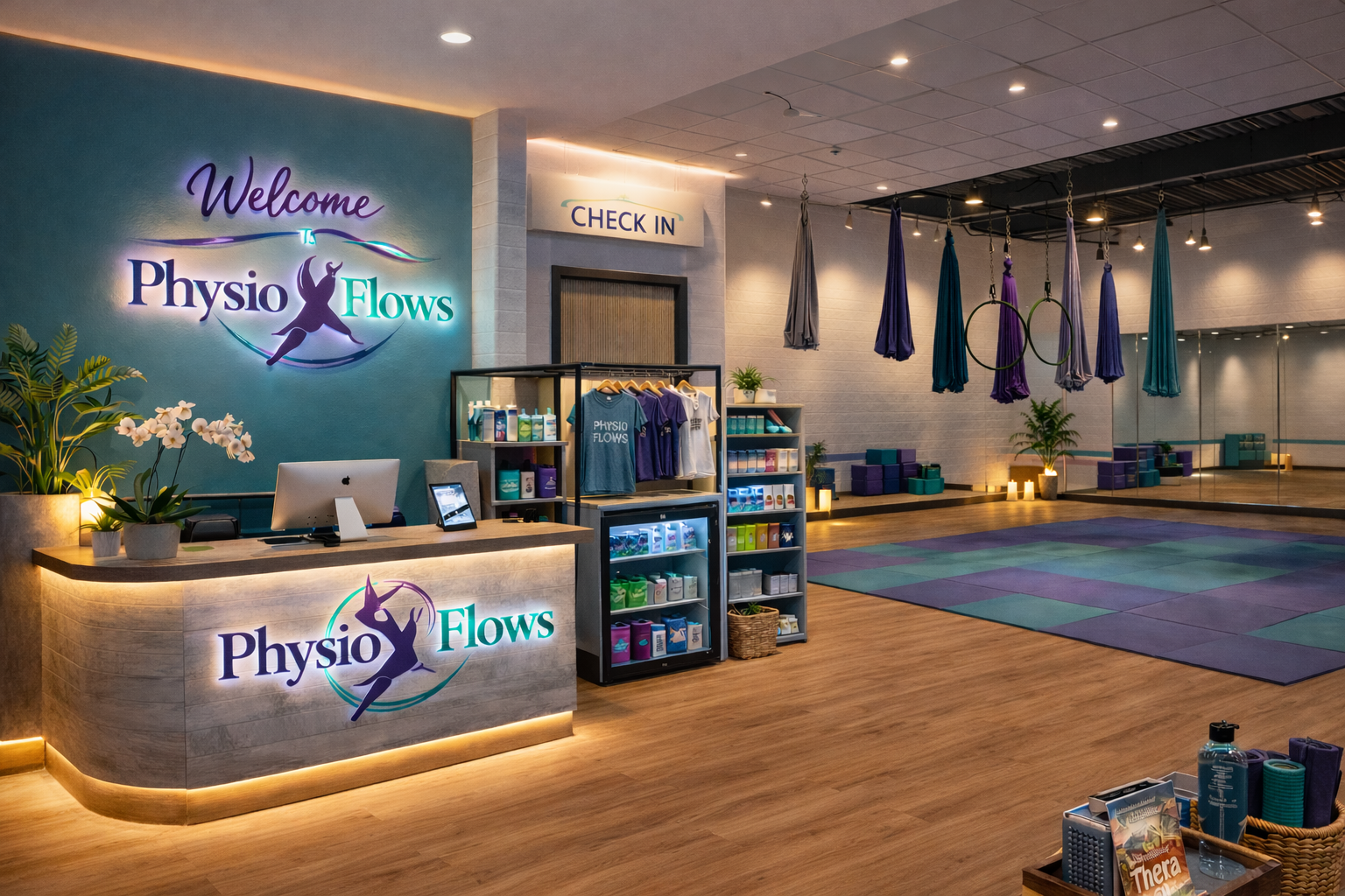 Physio Flows studio — reception area with aerial silks and lyra visible in the background